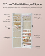 Infographic listing 90 earring slots, 48 stud holes, 84 ring slots, 32 necklace hooks, 5 shelves and 2 drawers