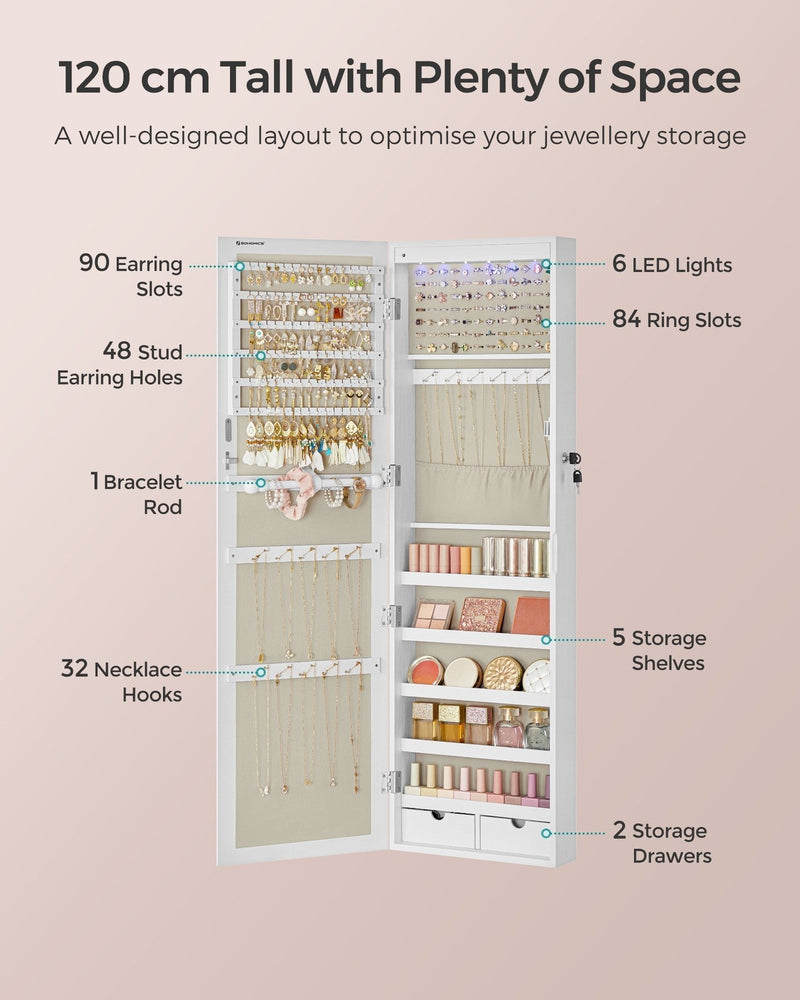 Infographic listing 90 earring slots, 48 stud holes, 84 ring slots, 32 necklace hooks, 5 shelves and 2 drawers