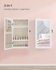 Graphic showing the white cabinet working as both a jewellery store and a large wall mirror