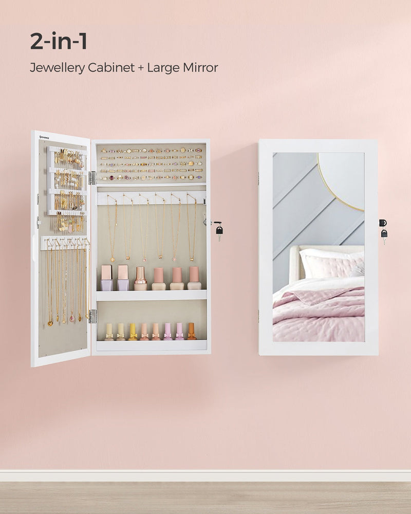 Graphic showing the white cabinet working as both a jewellery store and a large wall mirror