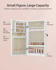 Labelled graphic giving 64 earring slots, 24 stud holes, 24 necklace hooks, 65 ring slots and 2 shelves