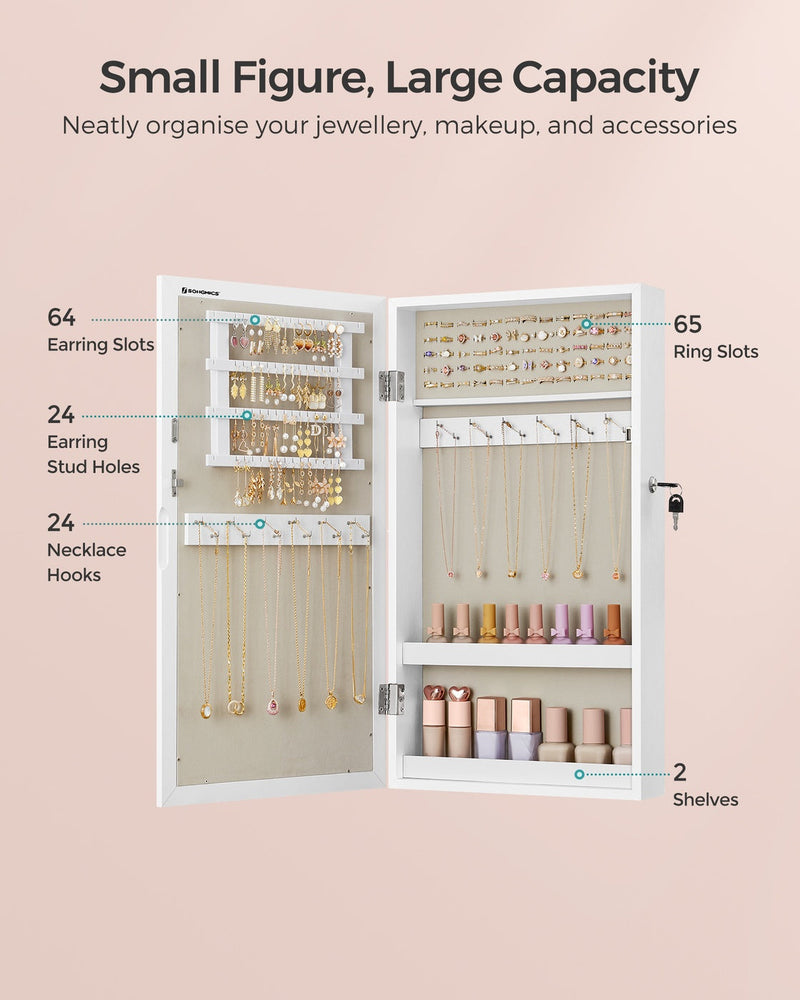 Labelled graphic giving 64 earring slots, 24 stud holes, 24 necklace hooks, 65 ring slots and 2 shelves