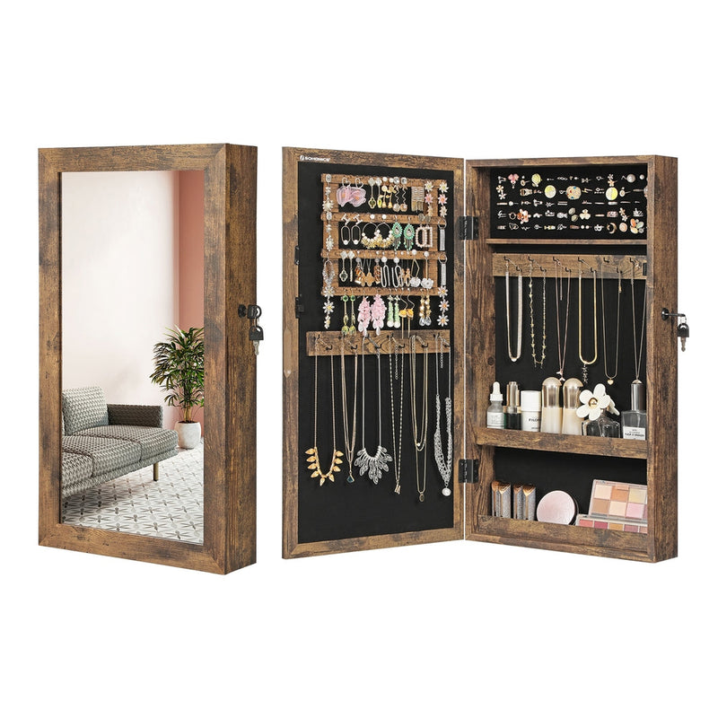 Rustic brown jewellery cabinet shown closed with its mirror door and again open, filled with jewellery