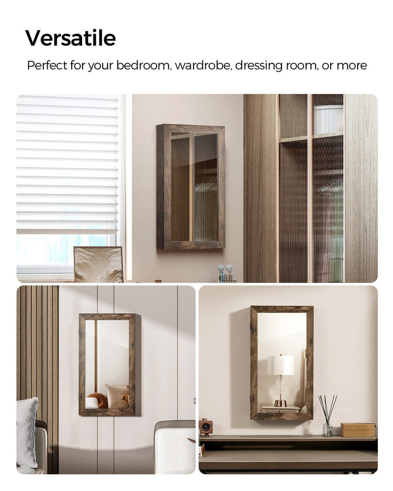 The rustic brown cabinet shown in three settings: a bedroom wall, beside a bed and inside a wardrobe
