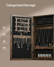 Labelled graphic giving 24 necklace hooks, 64 earring slots, 24 stud holes and 65 ring slots