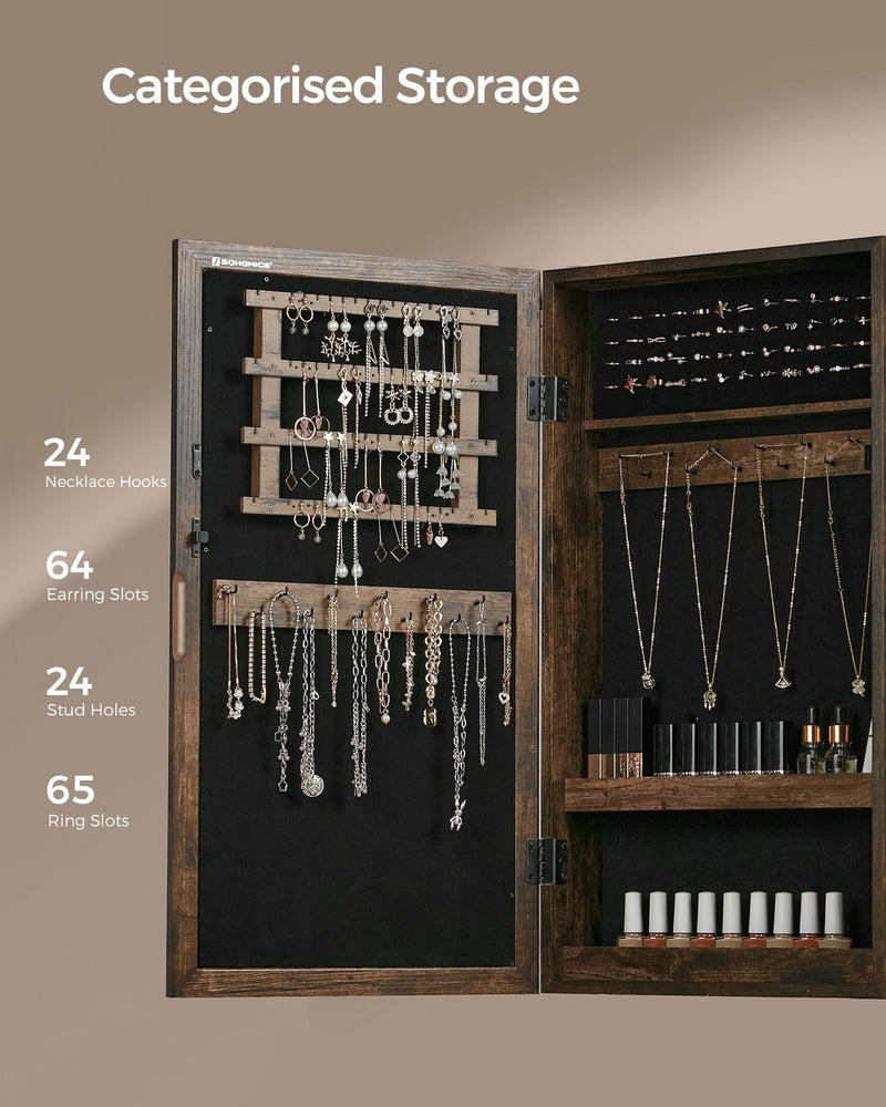Labelled graphic giving 24 necklace hooks, 64 earring slots, 24 stud holes and 65 ring slots