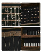 Close-ups of the black interior panels holding earrings, rings, necklaces and nail varnish bottles
