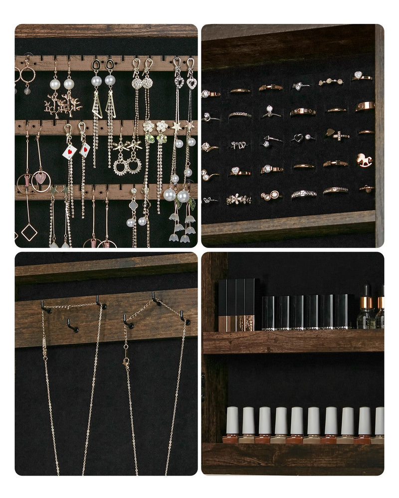 Close-ups of the black interior panels holding earrings, rings, necklaces and nail varnish bottles