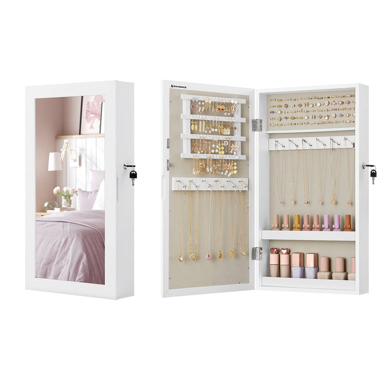 White jewellery cabinet shown closed with its mirror door and again open, showing the greige interior