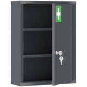 Smoke grey steel medicine cabinet with the door open showing two shelves, a lock with 2 keys and a green first aid cross