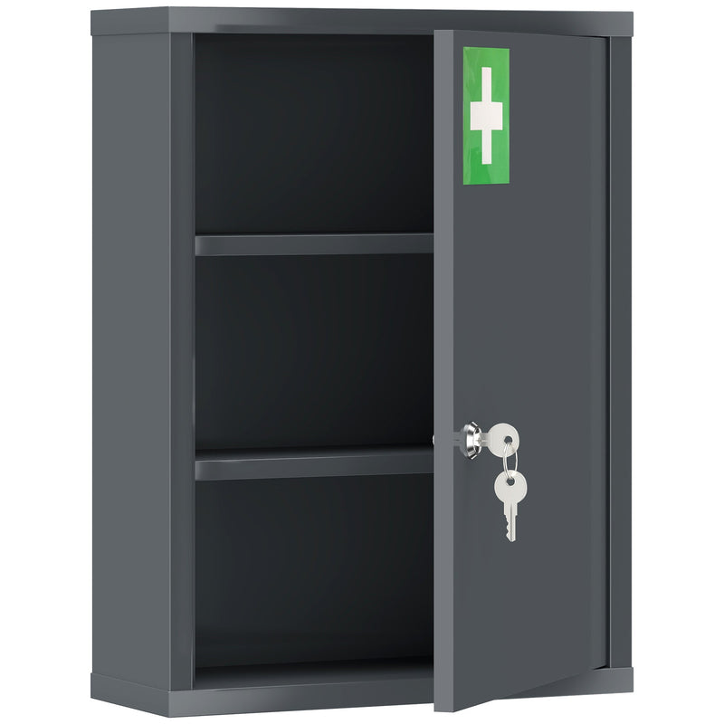 Smoke grey steel medicine cabinet with the door open showing two shelves, a lock with 2 keys and a green first aid cross