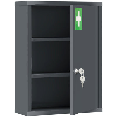 Smoke grey steel medicine cabinet with the door open showing two shelves, a lock with 2 keys and a green first aid cross
