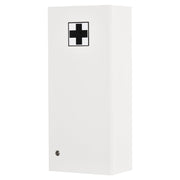 White medicine cabinet with lock, angled view on a white background