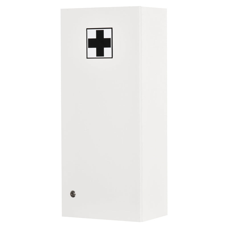 White medicine cabinet with lock, angled view on a white background