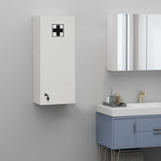 Medicine cabinet mounted on a grey wall above a bathroom vanity