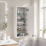 Open medicine cabinet showing five tiers of medicines