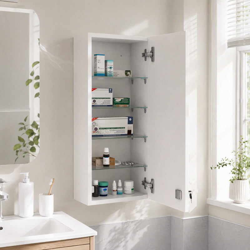 Open medicine cabinet showing five tiers of medicines