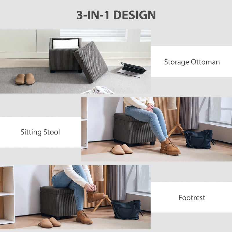 Grey Corduroy Square Storage Ottoman Stool with Removable Lid and Legs 40cm by HOMCOM