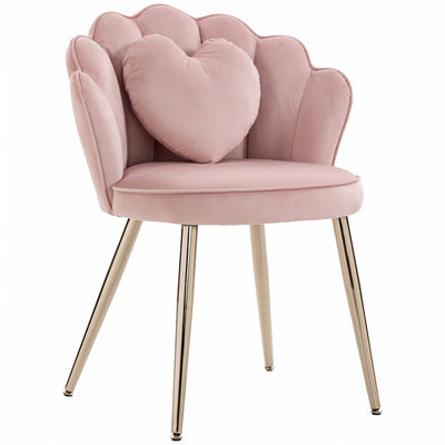 Pink velvet lotus back accent chair with heart pillow and gold legs, front view