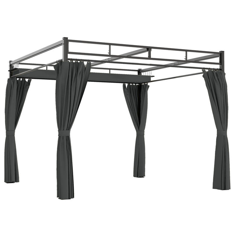 3 x 3 m Metal Garden Pergola with Retractable Canopy and Curtains UPF30 Sun Shade Dark Grey AOSOM
