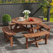 Wooden Garden Dining Set for 8 with Round Table and Benches Parasol Hole, Carbonised Wood Outsunny