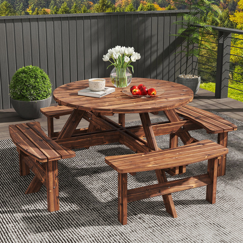 Wooden Garden Dining Set for 8 with Round Table and Benches Parasol Hole, Carbonised Wood Outsunny