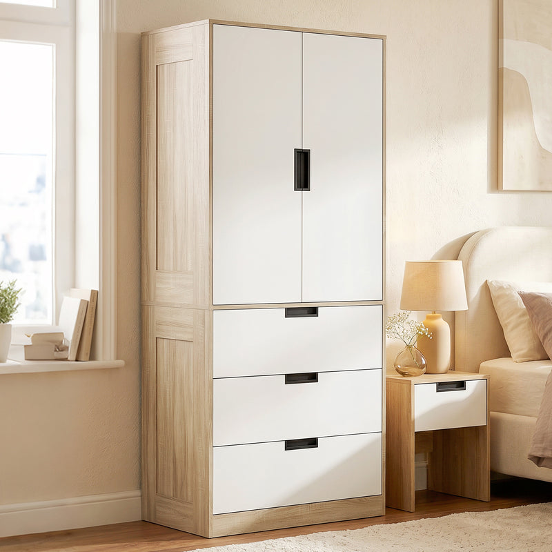 Double Wardrobe with Drawers for Small Bedrooms Slim Storage Oak and White