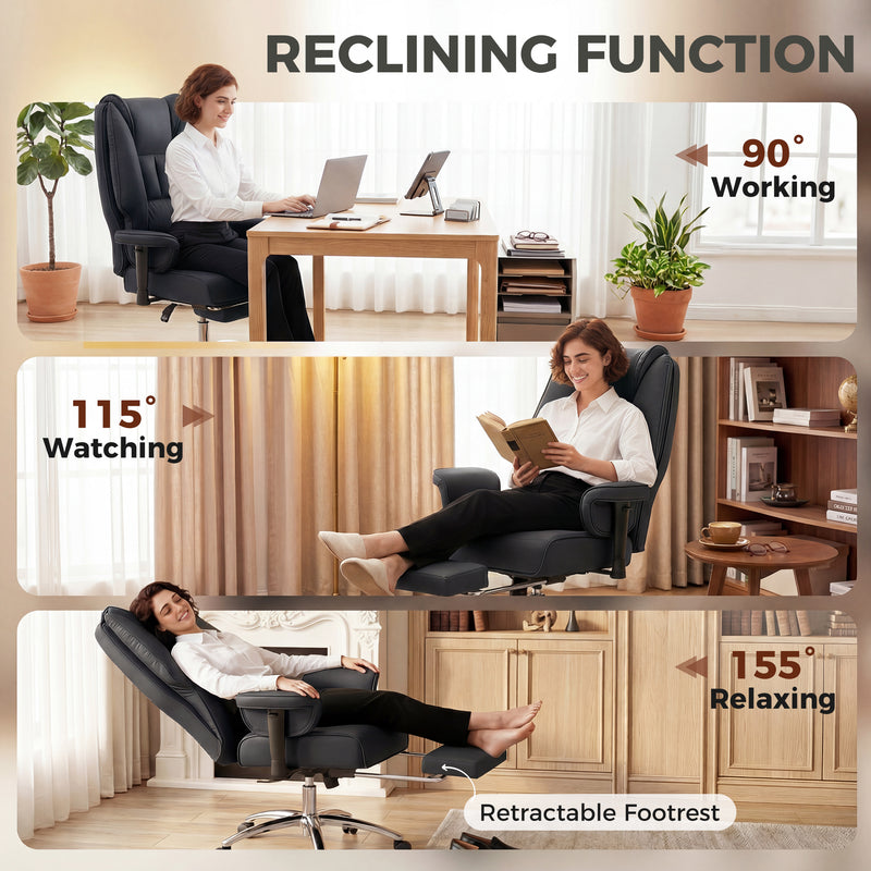 Ergonomic Office Chair With Recline and Footrest for All Day Back Support Black Homcom