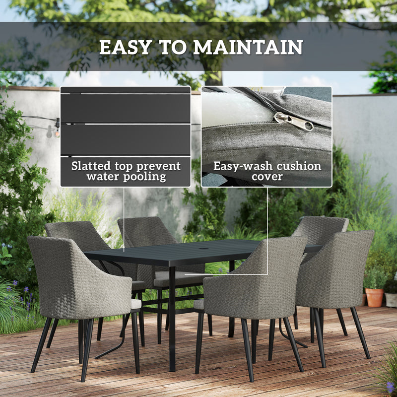 Grey 6 Seater Rattan Patio Dining Set with Cushions and Slatted Table for Garden by Outsunny