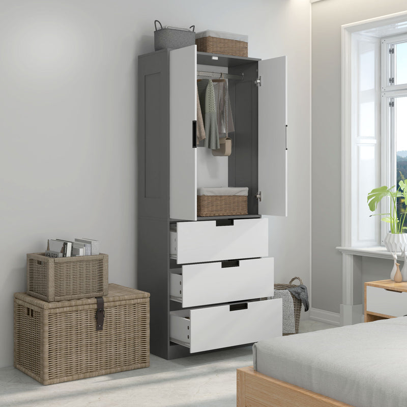 Modern 2 Door Bedroom Wardrobe With Hanging Rail and 3 Storage Drawers, Grey