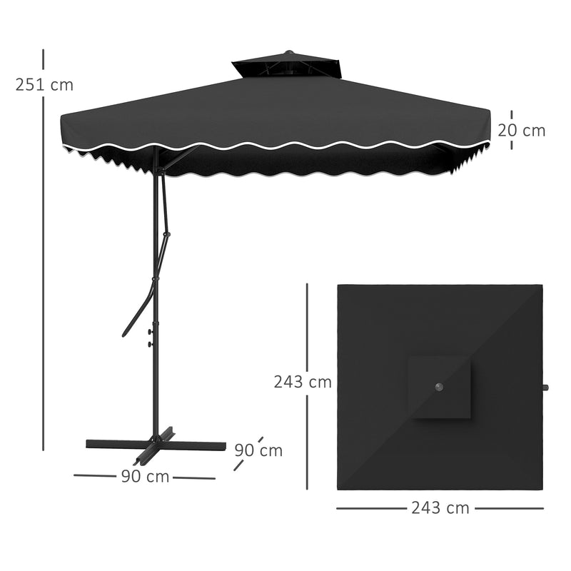 Black 2.5m Cantilever Garden Parasol with Ruffled Double Top and Cross Base by Outsunny