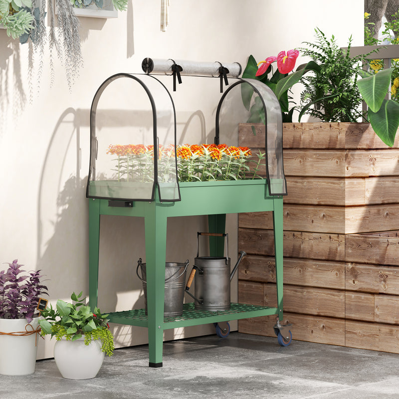 Raised Planter with Greenhouse Cover Mobile Garden Bed with Wheels and Shelf for Vegetables by Outsunny