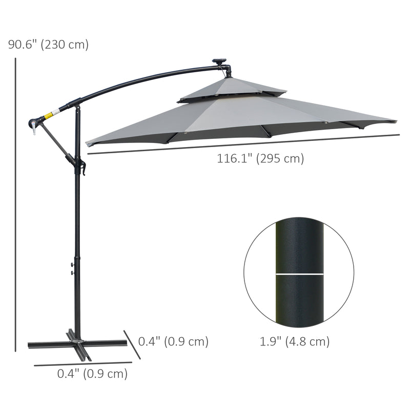 Light Grey 3m Cantilever Garden Parasol With Solar LED Lights And Double Roof Shade