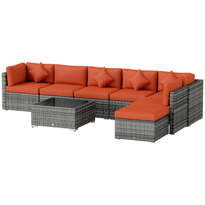 Eight Piece Rattan Garden Sofa Set with Cushions in Orange and Grey by Outsunny