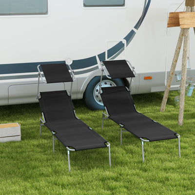 Black Foldable Sun Lounger Set of 2 With Sun Shade and Adjustable Backrest by Outsunny