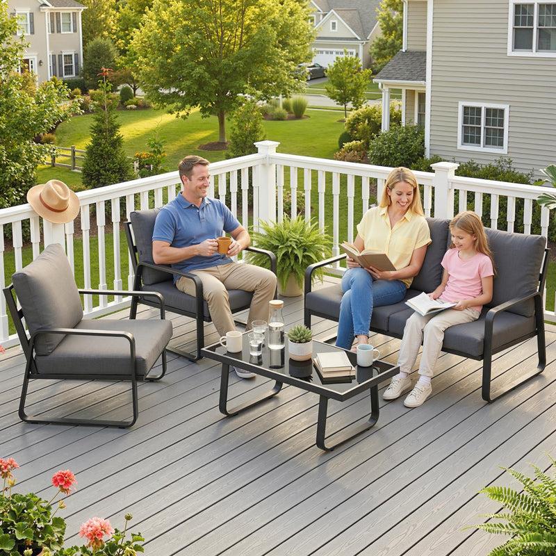 Garden Sofa Set for Four with Cushions and Coffee Table for All Weather Use Black Light Grey Outsunny