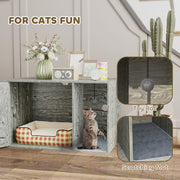 Grey Boho Style Cat Litter Box Enclosure with Rattan Door Scratching Mat and Toy Ball by PawHut
