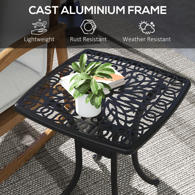Black Square Cast Aluminium Garden Bistro Table With Umbrella Hole For Patio Or Balcony Outsunny