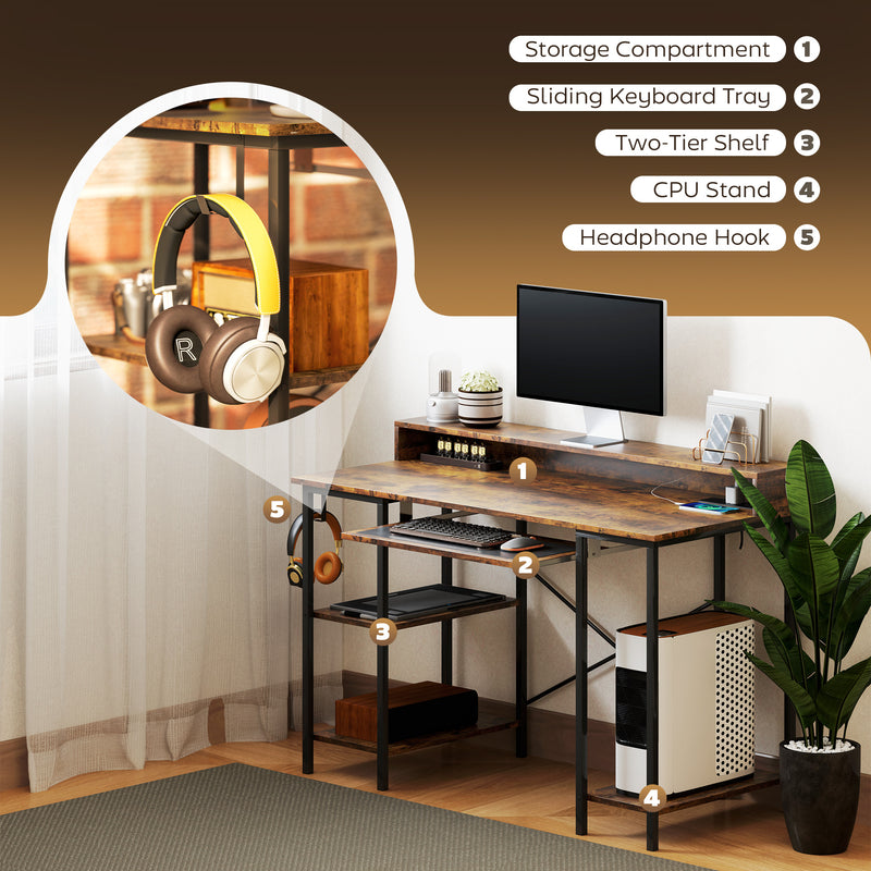 Reversible Computer Desk with LED Lights and Power Outlets 120cm Gaming Desk Rustic Brown by HOMCOM