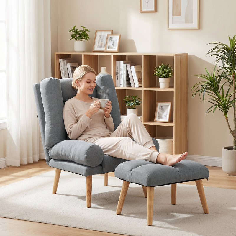 Recliner Chair and Footstool Set for Relaxing at Home with Adjustable Positions Grey