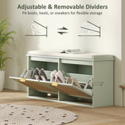 Boho Shoe Storage Bench with Cushion and Flip Drawers for Hallway or Entryway Light Green