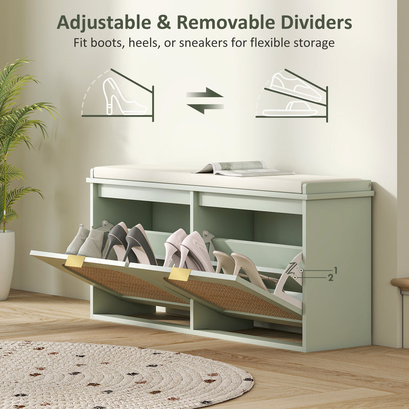 Boho Shoe Storage Bench with Cushion and Flip Drawers for Hallway or Entryway Light Green