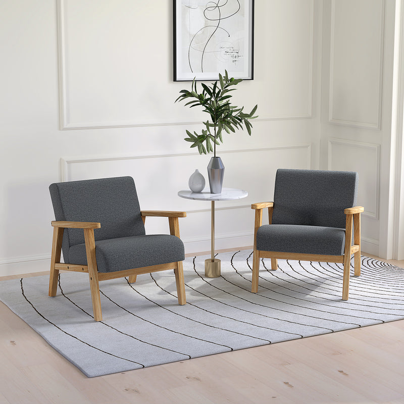 Set of 2 Upholstered Armchairs with Wooden Legs for Lounge Bedroom or Office Dark Grey