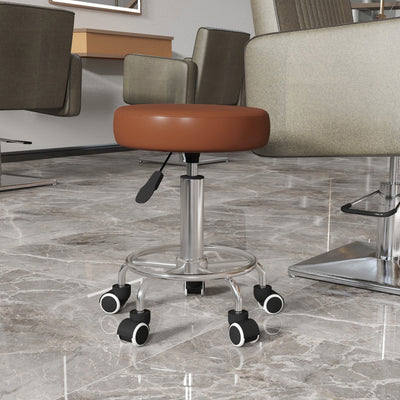 Height Adjustable PU Leather Rolling Stool With Wheels For Salon Or Spa Use Brown