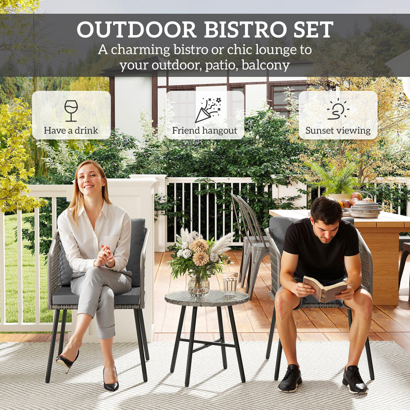 Grey 3 Piece Rattan Bistro Set with Cushions and Glass Table for Garden or Balcony by Outsunny