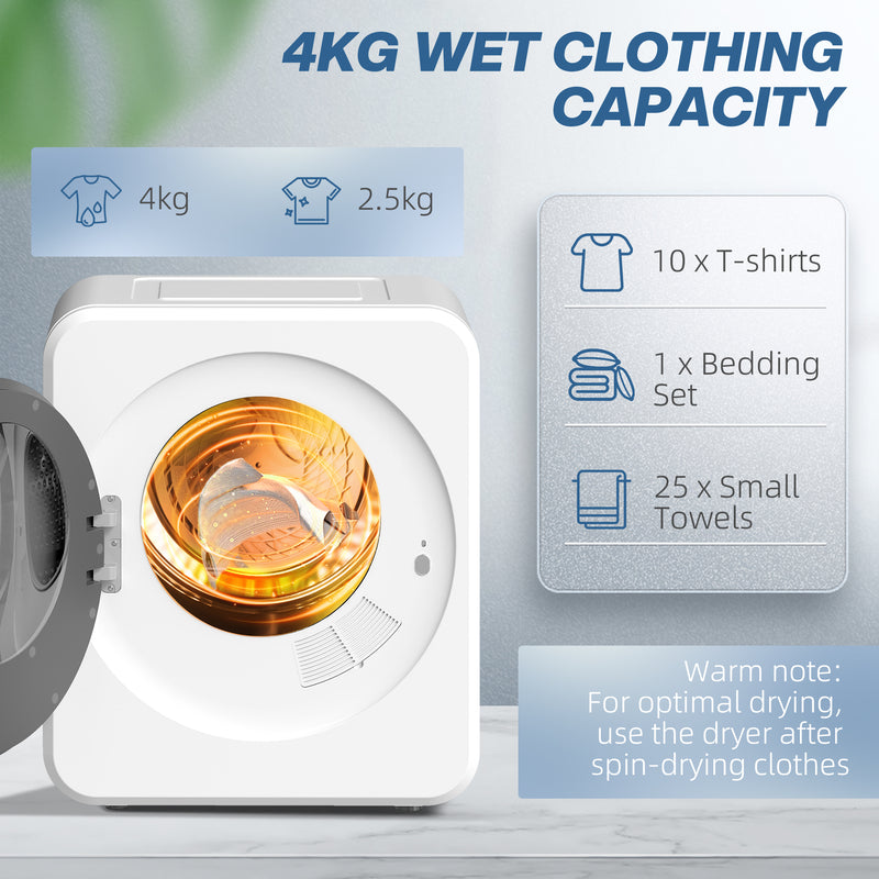 4kg Compact Freestanding Tumble Dryer with Timer and Steel Drum for Small Spaces White AOSOM