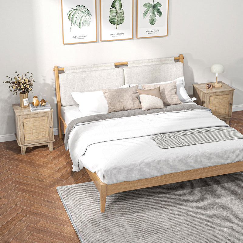 Set of 2 Bedside Tables with Storage Cupboards and Rattan Panels for Bedroom Natural AOSOM