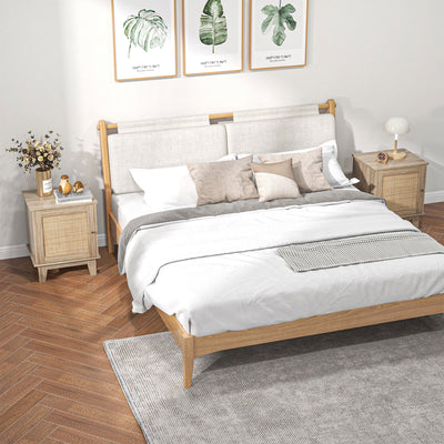 Set of 2 Bedside Tables with Storage Cupboards and Rattan Panels for Bedroom Natural AOSOM
