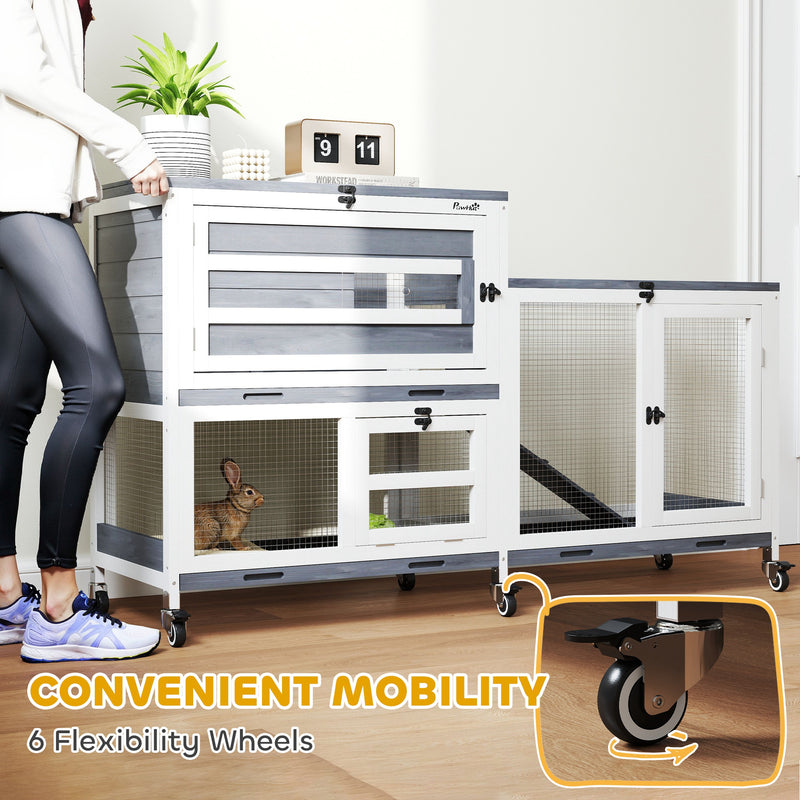 Wooden Rabbit Hutch with Run 2 Tier Guinea Pig Cage on Wheels 3 Trays 2 Openable Tops by PawHut
