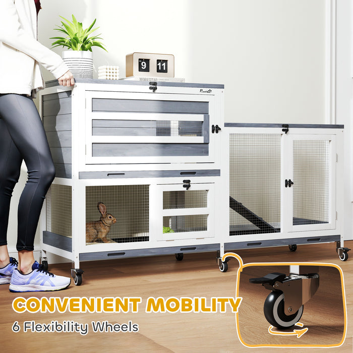 Wooden Rabbit Hutch with Run 2 Tier Guinea Pig Cage on Wheels 3 Trays 2 Openable Tops by PawHut